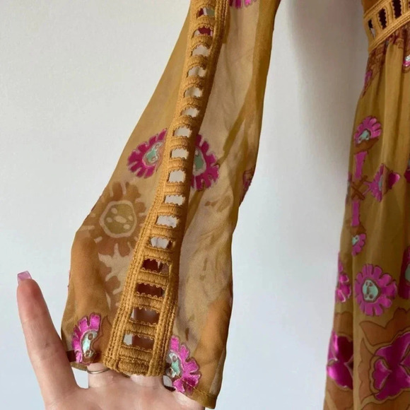 For Love & Lemons Barcelona Maxi Dress Silk Blend Mustard Yellow Sz XS - Picture 10 of 16